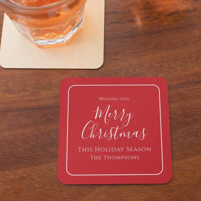 Merry Christmas Calligraphy Simple Cute Red Square Paper Coaster (Merry Christmas holiday red and white calligraphy paper coaster. )