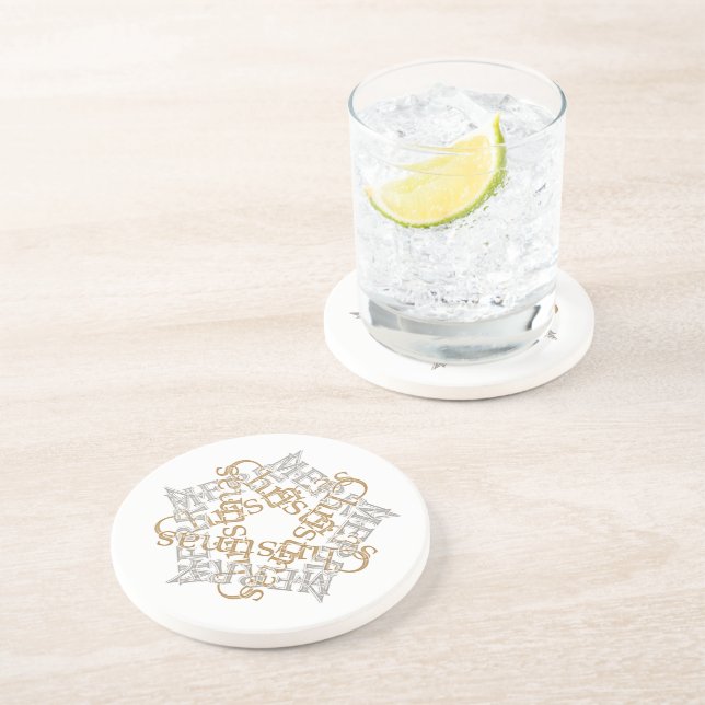 Merry Christmas Calligraphy Star Art Gold, Silver Coaster (Side)