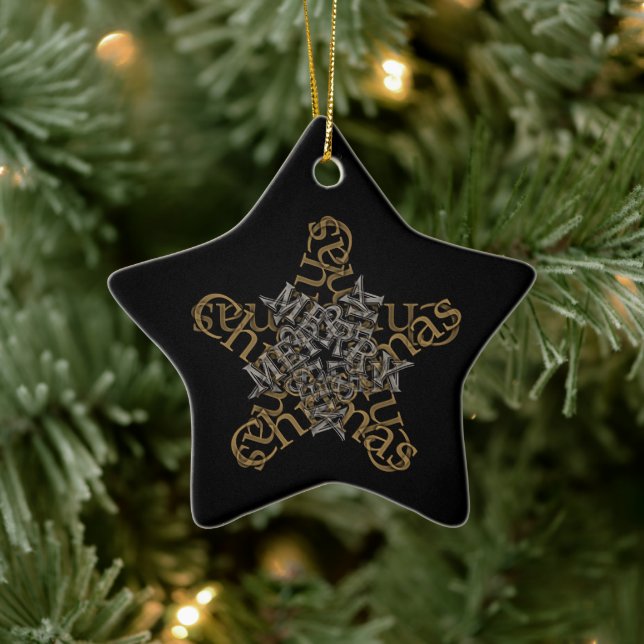 Merry Christmas Calligraphy Star on Black Ceramic Ornament (Tree)