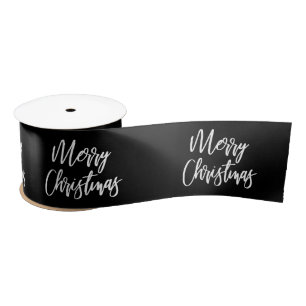 Merry Christmas Calligraphy White Black Holiday Satin Ribbon