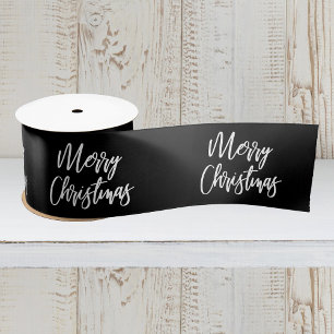 Merry Christmas Calligraphy White Black Holiday Satin Ribbon