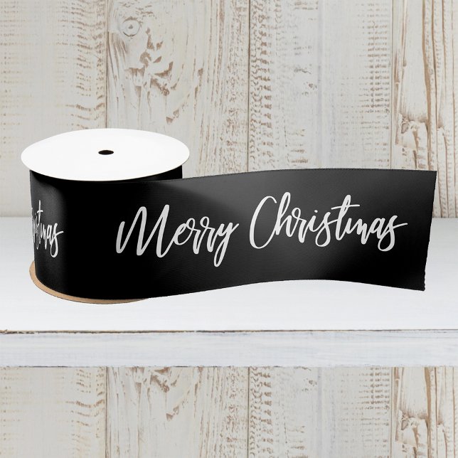 Merry Christmas Calligraphy White on Black Holiday Satin Ribbon (Creator Uploaded)