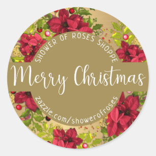 Merry Christmas Calligraphy with Pointsettias Classic Round Sticker