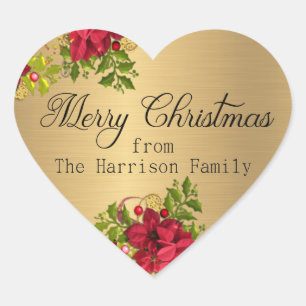 Merry Christmas Calligraphy with Pointsettias Heart Sticker