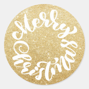 Merry Christmas Calligraphy Wreath Gold Glitter Classic Round Sticker