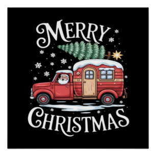 Merry Christmas Camping Cute Santa Claus Truck Ess Poster