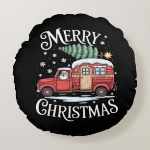 Merry Christmas Camping Cute Santa Claus Truck Ess Round Cushion