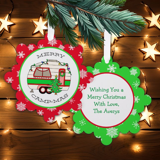 Merry Christmas Camping Pun Retro RV Camper Tree Decoration Card (Creator Uploaded)