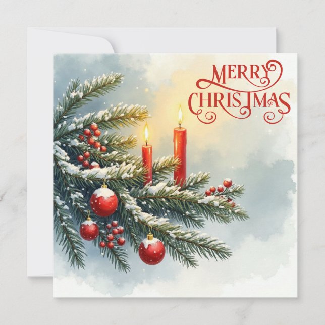 Merry Christmas Candles, Berries and Ornaments Holiday Card (Front)