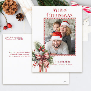 Merry Christmas Candy Cane Bow Photo Holiday Postcard