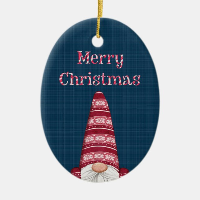 Merry Christmas Candy Cane Gnome Customisable Ceramic Ornament (Front)