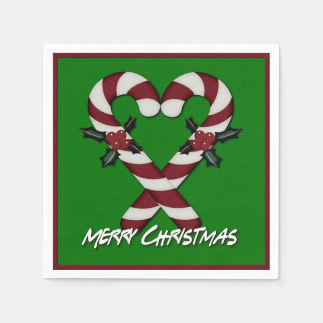 Merry Christmas Candy Cane Heart Green Napkins (Front)