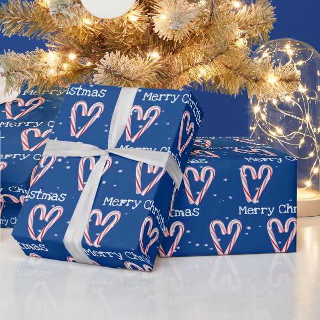 Merry Christmas Candy Cane Hearts in Snowflakes Wrapping Paper (Holidays)