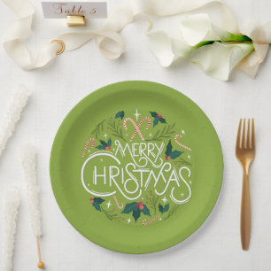 Merry Christmas Candy Cane & Holly Name Year Green Paper Plate