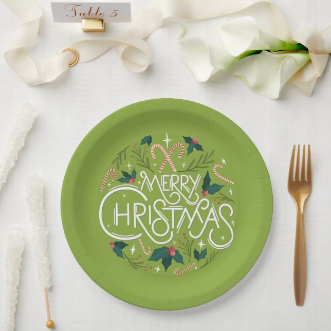 Merry Christmas Candy Cane & Holly Name Year Green Paper Plate (Wedding)