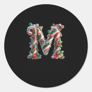 Merry Christmas Candy Cane Letter M Premium  Classic Round Sticker