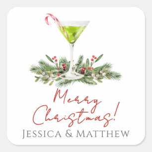 Merry Christmas Candy Cane Martini and Mistletoe Square Sticker