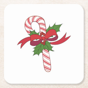 Merry Christmas Candy Cane Square Paper Coaster