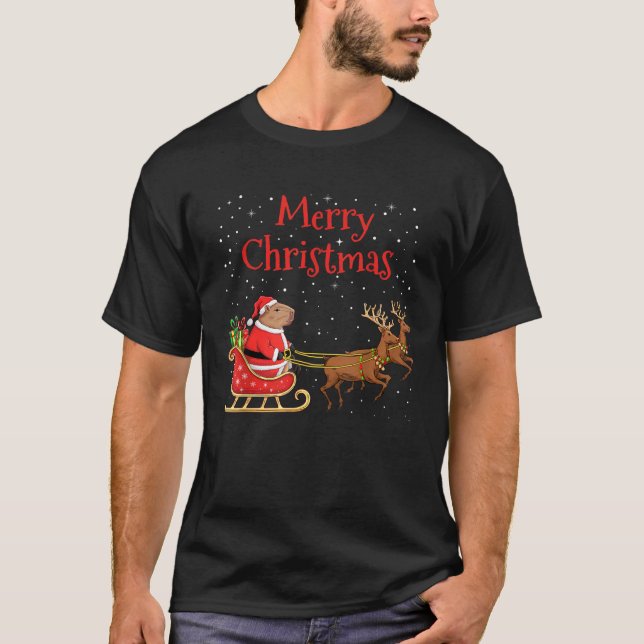 Merry Christmas Capybara Riding Santa Sleigh With  T-Shirt (Front)