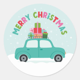 Merry Christmas Car with Gifts in Aqua Blue Classic Round Sticker