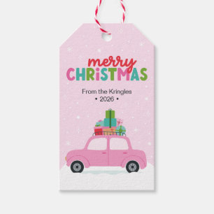 Merry Christmas Car with Gifts in Pink Custom Gift Tags