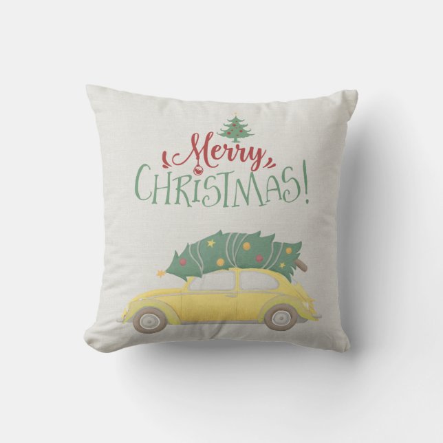 Merry Christmas Car with Tree in muted colours Cushion (Front)