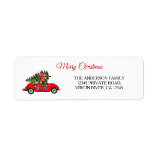 Merry Christmas car with tree white red beetle Return Address Label