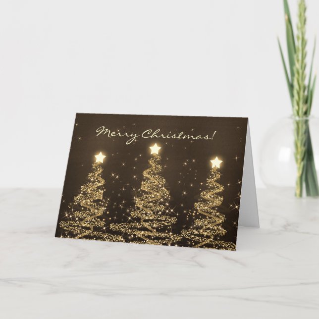 Merry Christmas Card Elegant Sparkling Trees Black (Front)
