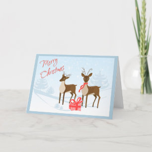 Merry Christmas Card with Deer, Snow, and Gift