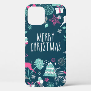 Merry Christmas card with snowflakes and Xmas symb iPhone 12 Case