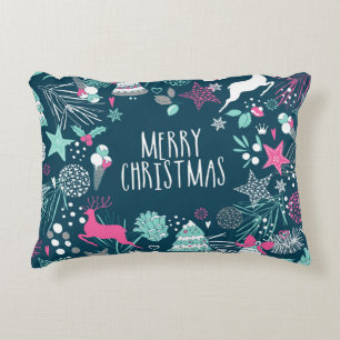 Merry Christmas card with snowflakes and Xmas symb Decorative Cushion