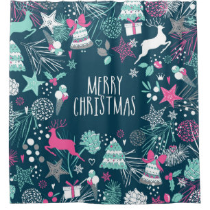 Merry Christmas card with snowflakes and Xmas symb Shower Curtain