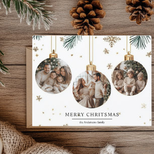 Merry Christmas Card with Three Ornaments Photos