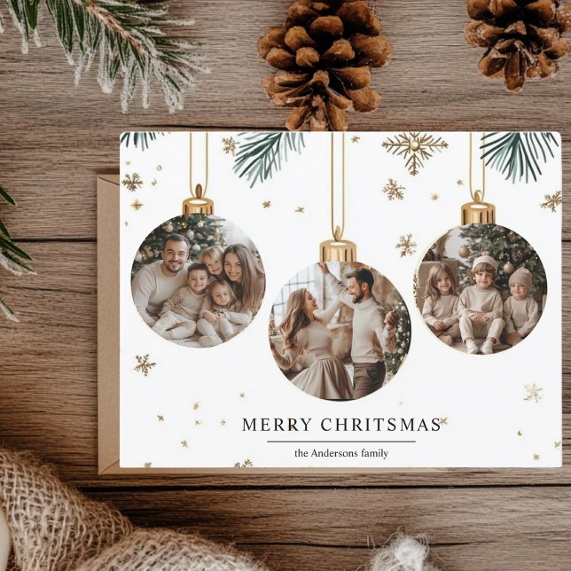 Merry Christmas Card with Three Ornaments Photos (Creator Uploaded)
