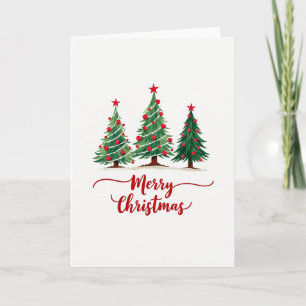 Merry Christmas Card with Three Watercolor Pines