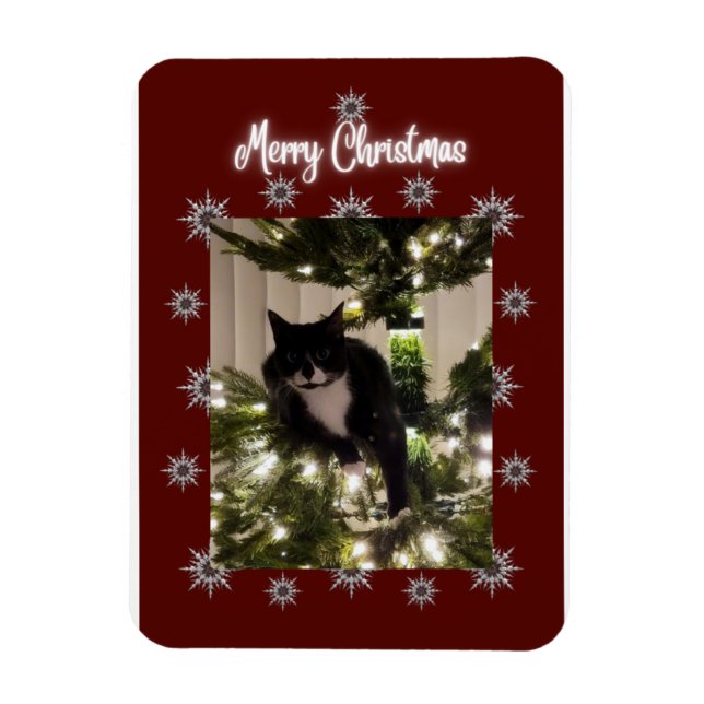 Merry Christmas card with Tuxedo cat on my tree. Magnet (Vertical)