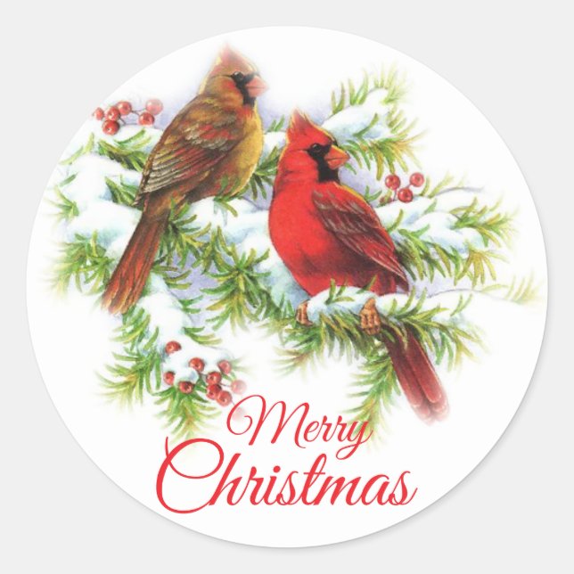 Merry Christmas Cardinal Birds In Tree Classic Round Sticker (Front)