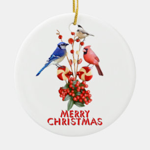 Merry Christmas Cardinal Blue Jay Chickadee Ceramic Ornament