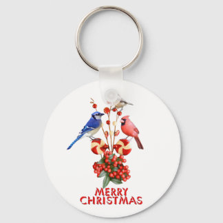 Merry Christmas Cardinal Blue Jay Chickadee Key Ring