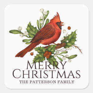 Merry Christmas Cardinal Custom Name Square Sticker