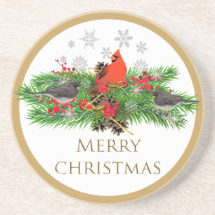 Merry Christmas Cardinal Garland Sandstone Coaster