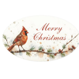 Merry Christmas Cardinal on Branch Oval Stickers