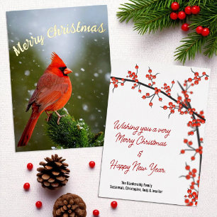Merry Christmas Cardinal On Evergreen In Snow Foil Holiday Card