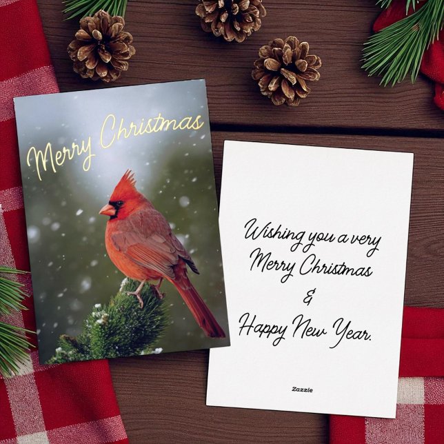 Merry Christmas Cardinal On Evergreen In Snow Foil Holiday Card (Foil cover and template back side Christmas card.)