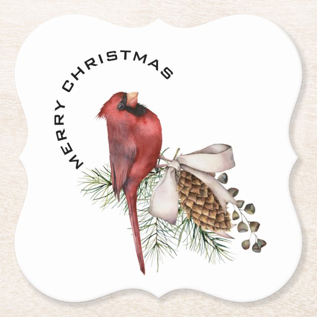 Merry Christmas Cardinal & Pine Cone Christmas  Paper Coaster (Front)