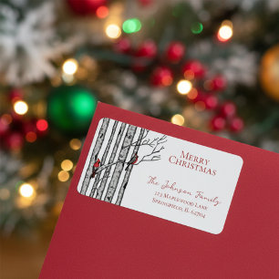 Merry Christmas Cardinals Birch Branches Label