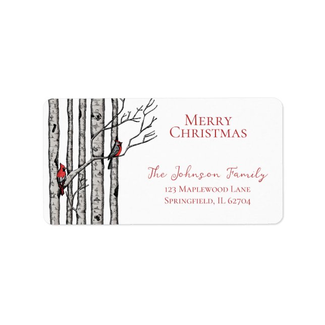 Merry Christmas Cardinals Birch Branches Label (Front)
