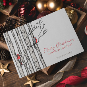 Merry Christmas Cardinals Birch Branches Photo Holiday Card