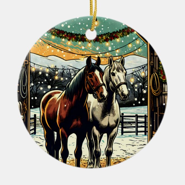 Merry Christmas Cartoon Horses Ceramic Ornament (Front)