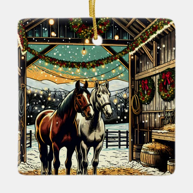 Merry Christmas Cartoon Horses Ceramic Ornament (Front)
